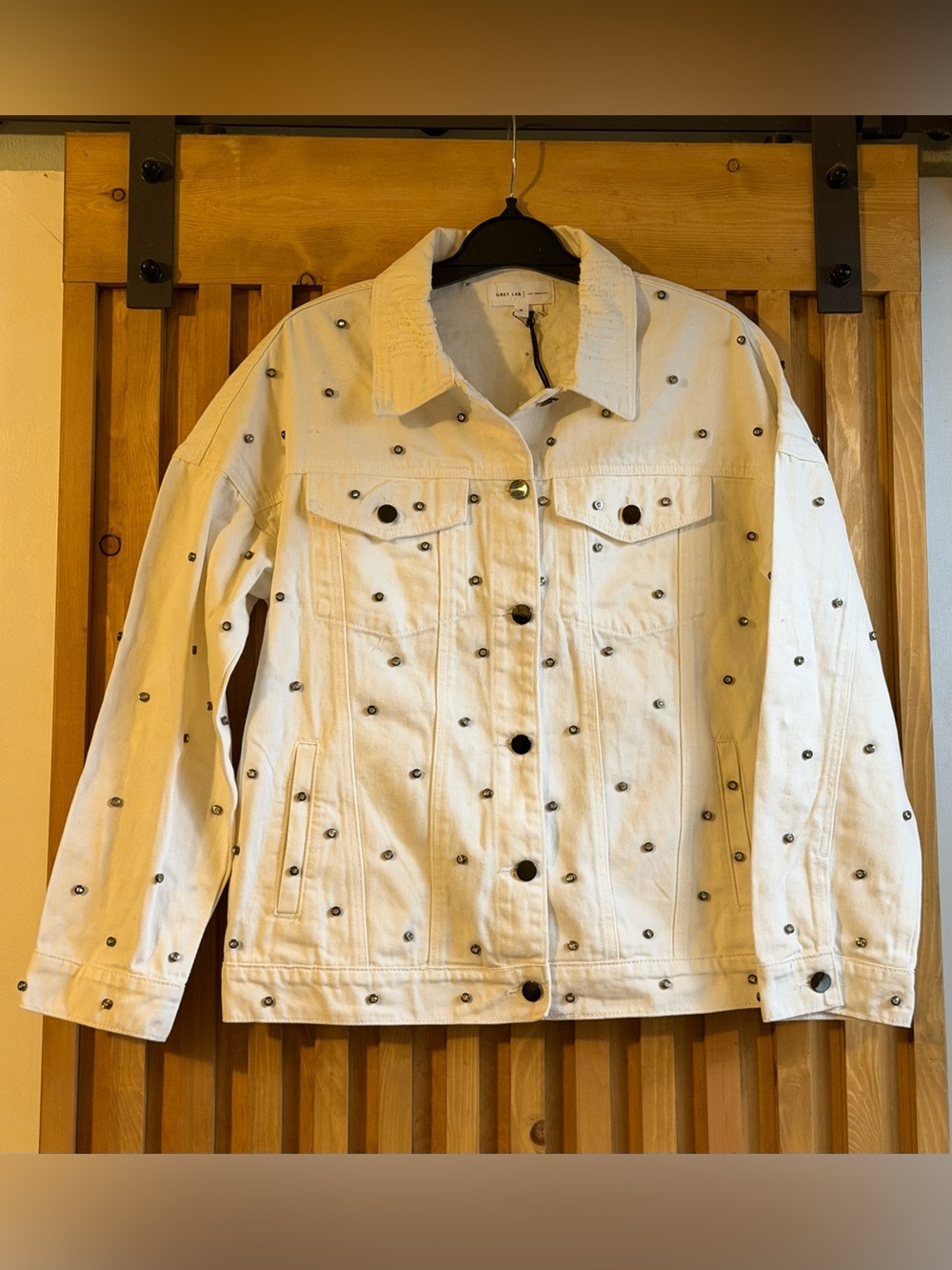 Grey Lab Los Angeles Rhinestones Studded Distressed White Denim Jacket
